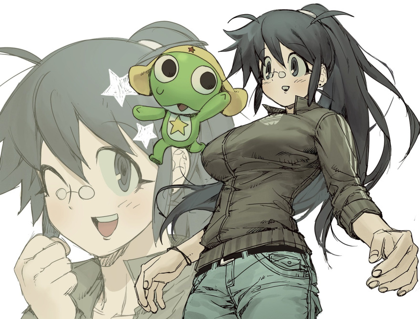 1girl, aseupilin666, black_eyes, black_hair, black_jacket, blush_stickers, breasts, denim