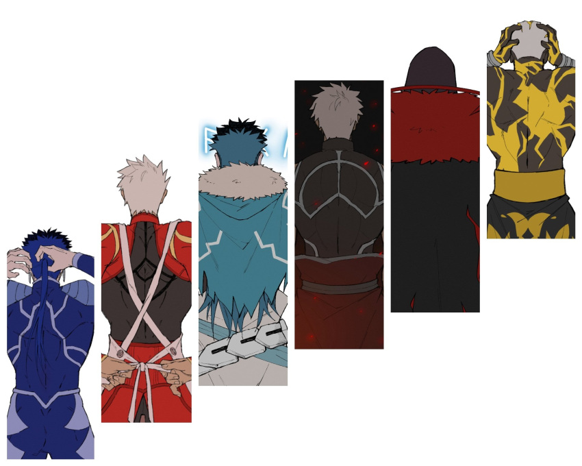 6+boys, adjusting_apron, adjusting_hair, apron, archer_(fate), archer_alter_(fate), column_lineup, commentary_request