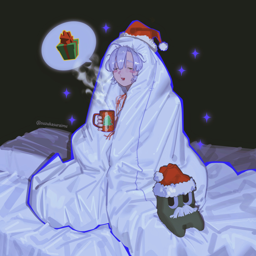 1girl, absurdres, blush_stickers, closed_eyes, cup, grey_hair, hat, highres