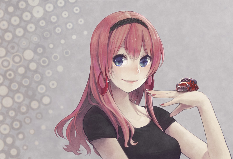 1girl, abe_(f!mixture), blue_eyes, car, earrings, headband, jewelry, long_hair, megurine_luka, motor_vehicle, nail_polish, pink_hair, smile, solo, vehicle, vocaloid