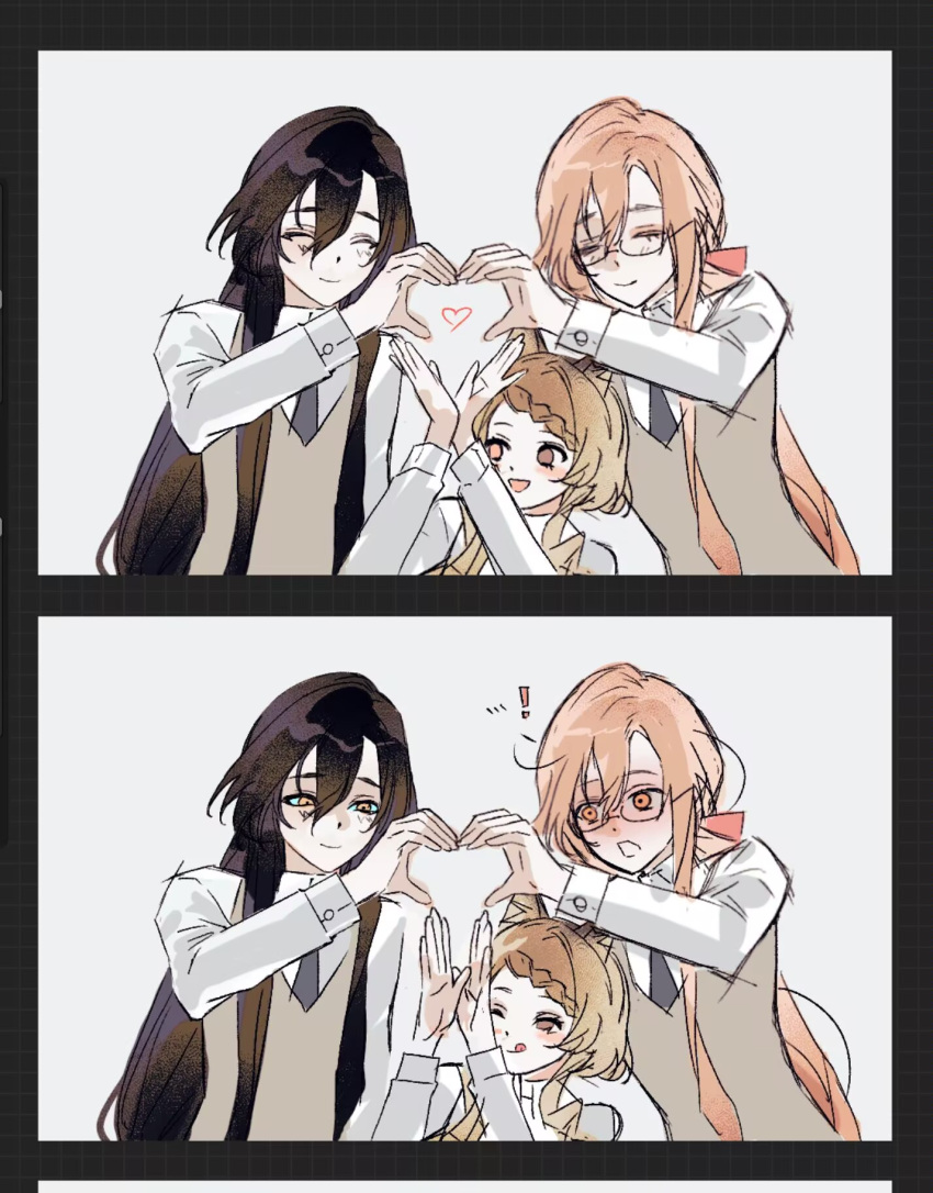 !, 1girl, 2boys, black_background, black_hair, bow, braid, brown_eyes