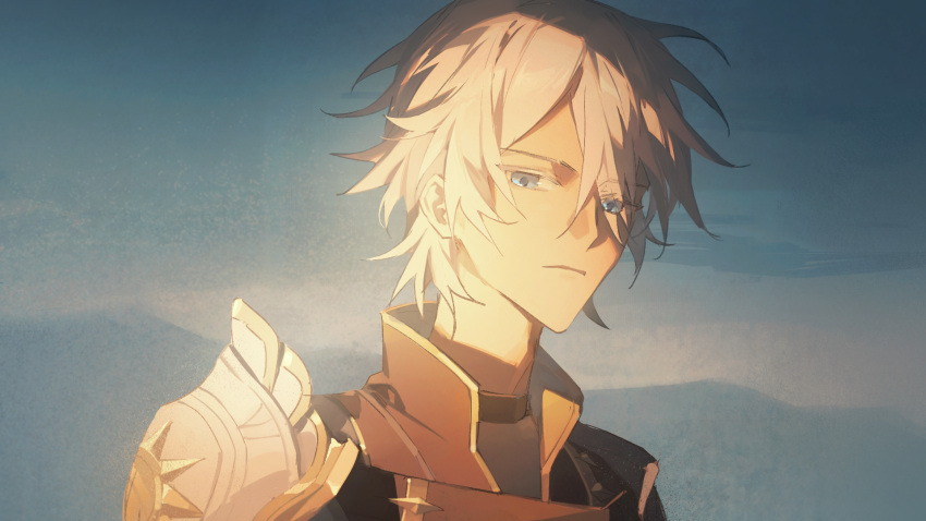 1boy, aqua_eyes, armor, black_choker, blue_sky, blurry, blurry_background, chinese_commentary