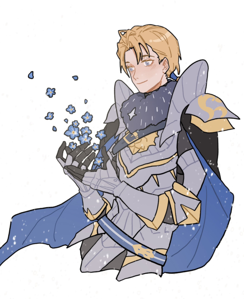 1boy, armor, arms_up, black_gloves, blonde_hair, blue_cape, blue_eyes, blue_flower