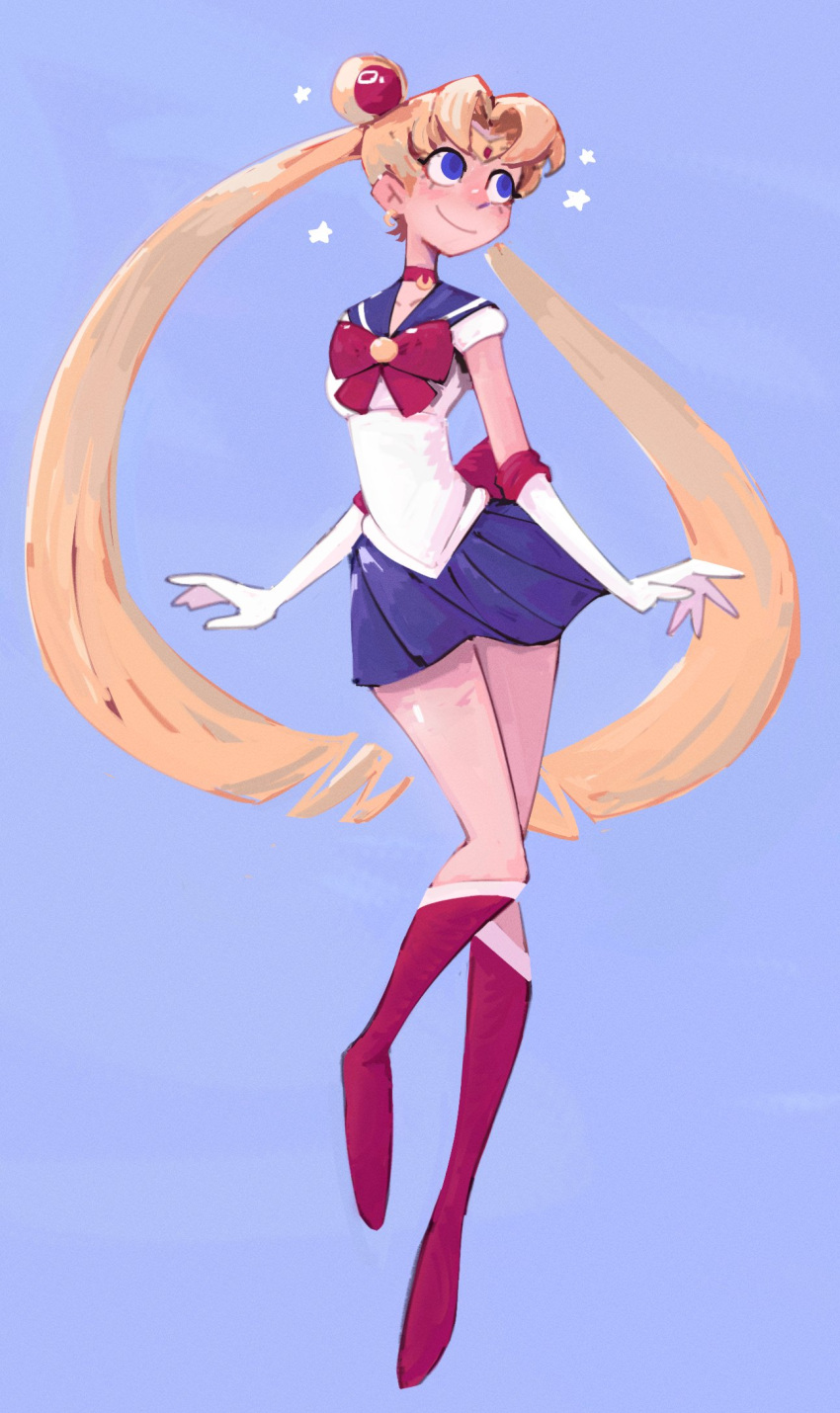 1girl, artsywak, bishoujo_senshi_sailor_moon, blonde_hair, blue_eyes, blue_sailor_collar, boots, bow, breasts, choker, circlet, commentary, commission, crescent, crescent_earrings, double_bun, earrings, elbow_gloves, english_commentary, full_body, gloves, hair_bun, highres, jewelry, knee_boots, long_hair, miniskirt, pleated_skirt, red_bow, red_choker, red_footwear, sailor_collar, sailor_moon, skirt, small_breasts, smile, solo, star_(symbol), tsukino_usagi, twintails, very_long_hair, white_gloves
