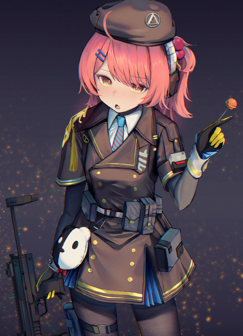 1girl, absurdres, ahoge, bear_charm, belt_pouch, beret, black_gloves, blue_necktie
