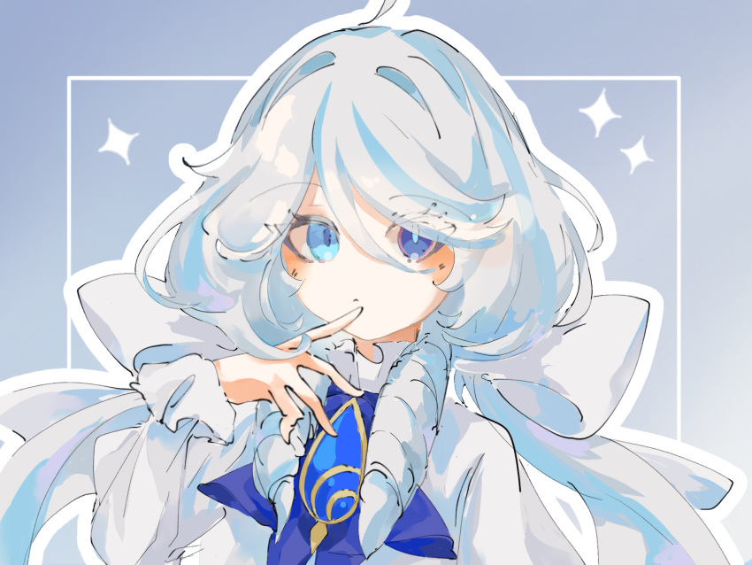 1girl, ahoge, akizuwa, blue_brooch, blue_eyes, blue_gemstone, blue_hair, blue_pupils