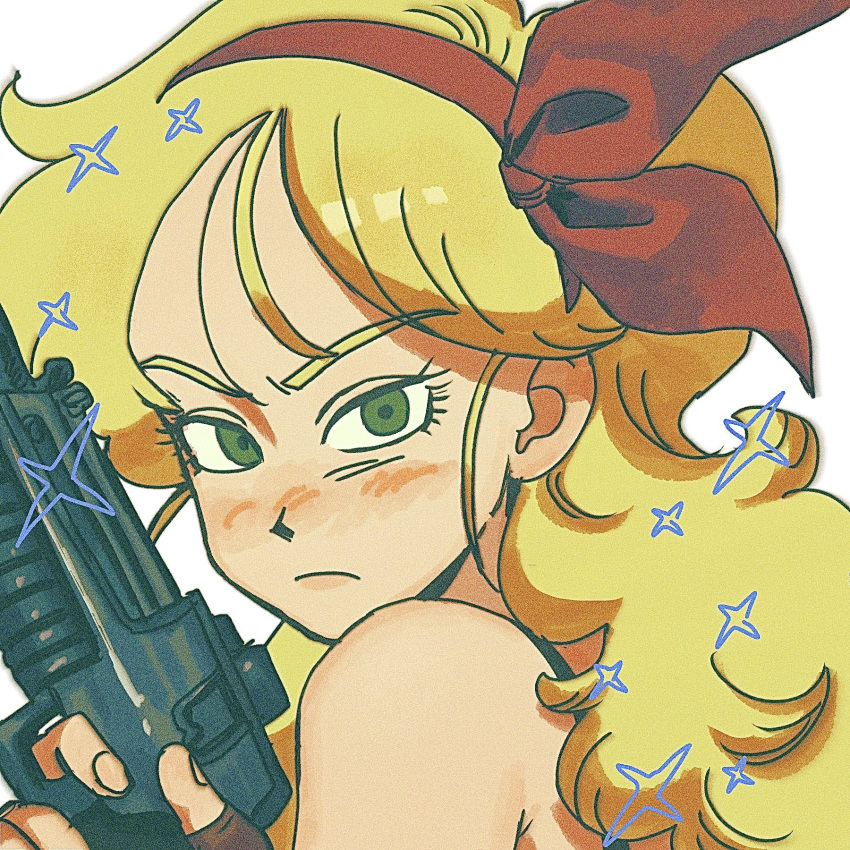 1girl, bare_shoulders, blonde_hair, blush, bochi_de396, brown_gloves, commentary, curly_hair