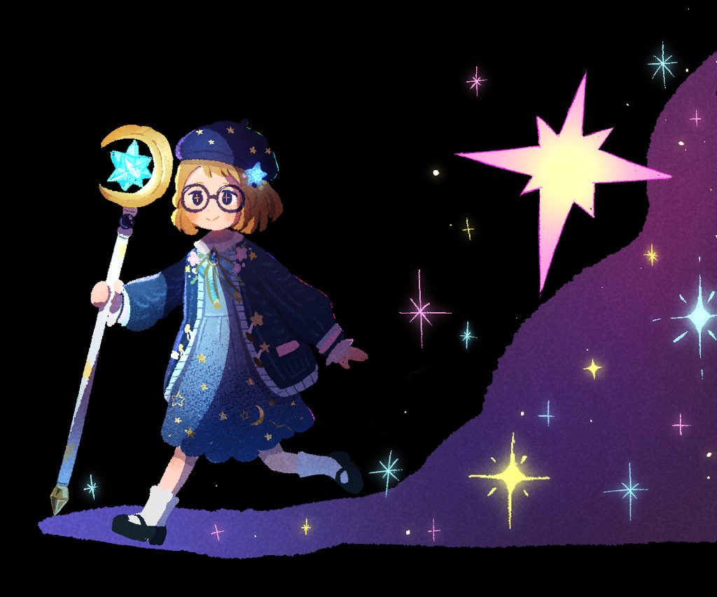 1girl, amedama094, beret, black_footwear, blue_cardigan, blue_dress, blue_hat, blue_ribbon
