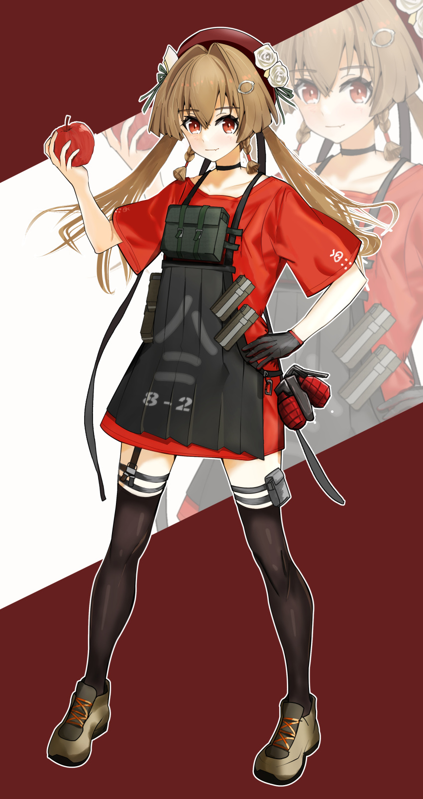 1girl, absurdres, beret, braid, brown_hair, choker, collarbone, explosive