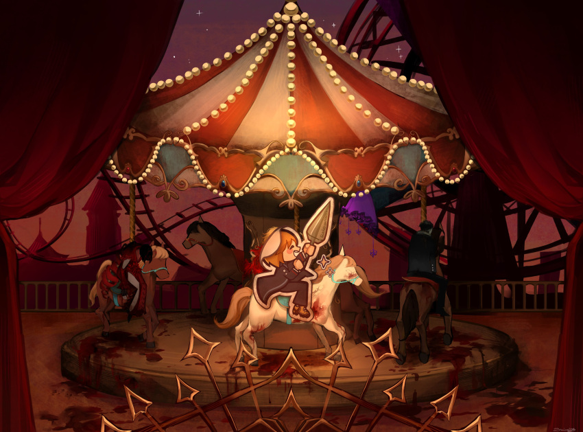 absurdres, black_coat, black_pants, blonde_hair, blood, boots, carousel, coat