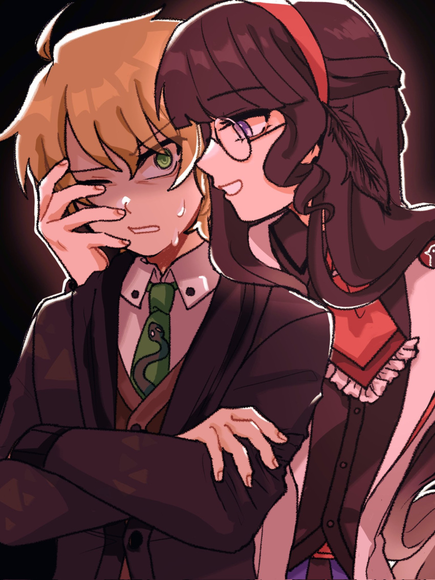 1boy, 1girl, black_hair, black_jacket, black_shirt, blonde_hair, brown_vest, collared_shirt, commentary, crossed_arms, damon_maitsu, english_commentary, eva_tsunaka, glasses, green_eyes, green_necktie, hairband, hand_on_another's_face, highres, jacket, long_hair, long_sleeves, necktie, project:_eden's_garden, red_hairband, red_necktie, round_eyewear, shirt, short_hair, smile, sweat, very_short_hair, vest, violet_eyes, white_jacket, white_shirt, zero_(misamxsa08)