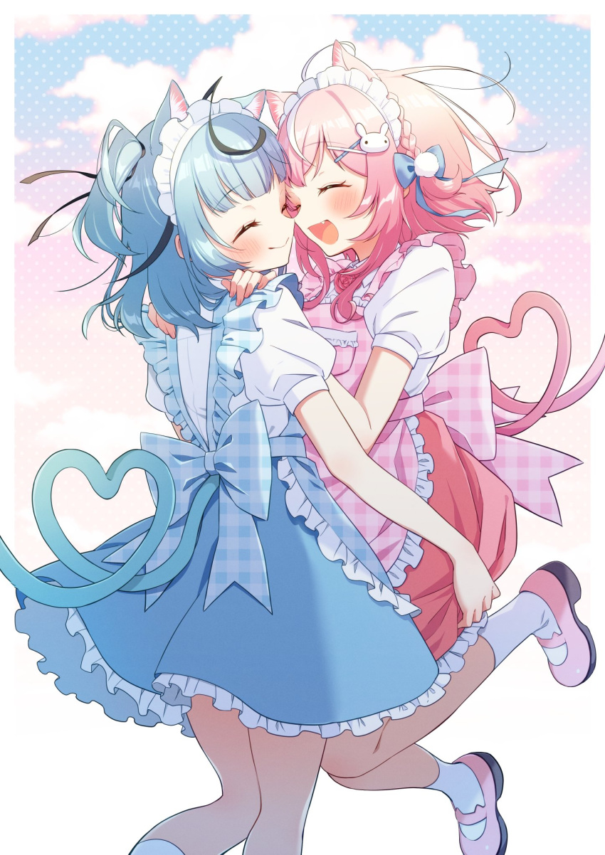 2girls, animal_ears, apron, black_hair, blue_apron, blue_hair, blue_skirt, blush