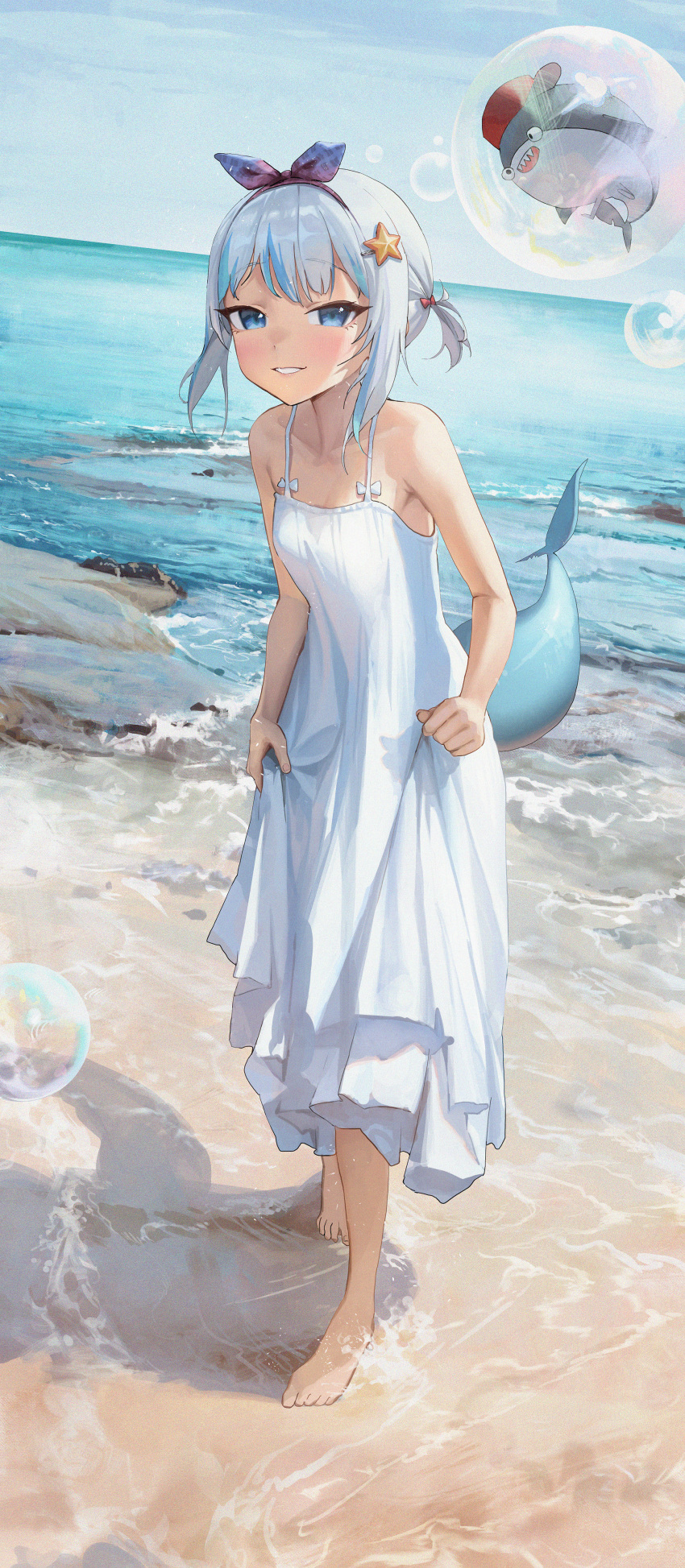 1girl, absurdres, alternate_costume, alternate_hairstyle, bare_arms, bare_shoulders, barefoot, beach