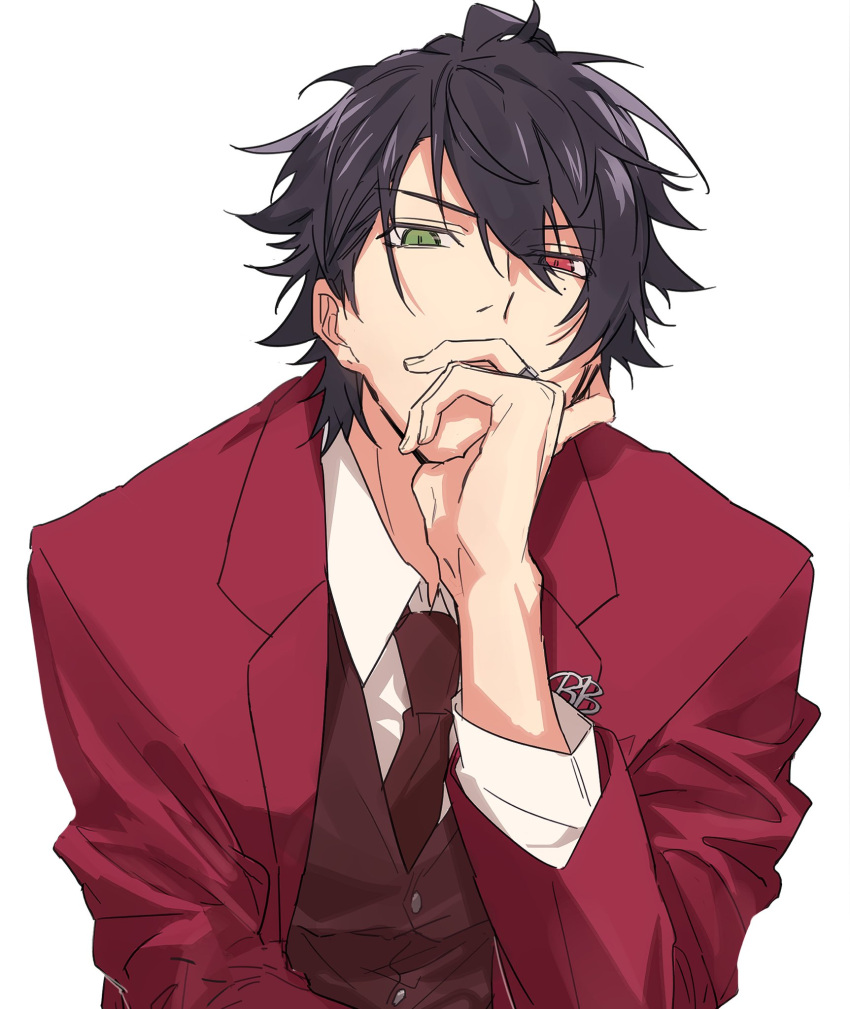 1boy, black_hair, collared_shirt, covering_own_mouth, green_eyes, hair_behind_ear, hair_between_eyes, hand_on_own_chin, hand_over_own_mouth, heterochromia, highres, host, hpkmygy, hypnosis_mic, jacket, jewelry, lapel_pin, leaning_forward, looking_at_viewer, male_focus, mole, mole_under_eye, necktie, official_alternate_costume, red_eyes, red_jacket, red_necktie, red_suit, ring, shirt, short_hair, simple_background, suit, vest, waistcoat, white_background, white_shirt, yamada_ichiro
