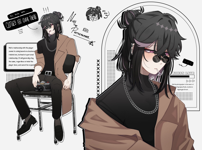 1boy, belt, black_belt, black_footwear, black_hair, black_pants, black_shirt, brown_coat, camera, candy, chain, chain_necklace, coat, degrees_of_lewdity, diachuu, earrings, food, glasses, grey_hair, grey_shorts, hair_bun, half_updo, highres, jewelry, lollipop, long_sleeves, male_focus, multicolored_hair, multiple_earrings, necklace, niki_(degrees_of_lewdity), niki_(male)_(degrees_of_lewdity), pants, shirt, shorts, solo, turtleneck, violet_eyes