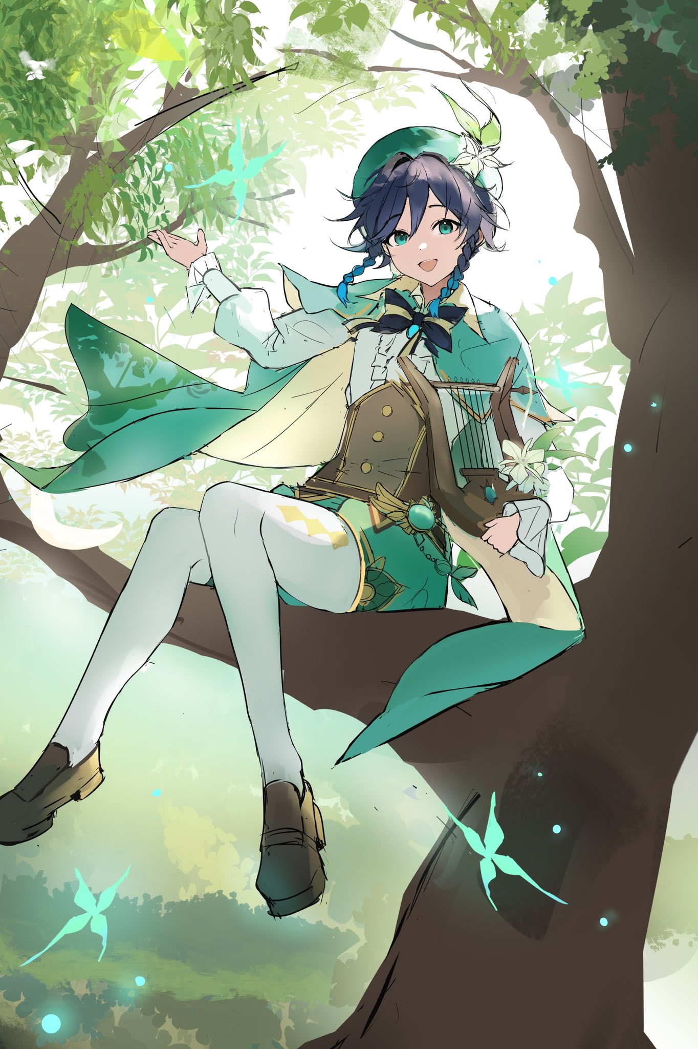 1boy, black_hair, braid, brown_footwear, cape, commentary_request, flower, genshin_impact