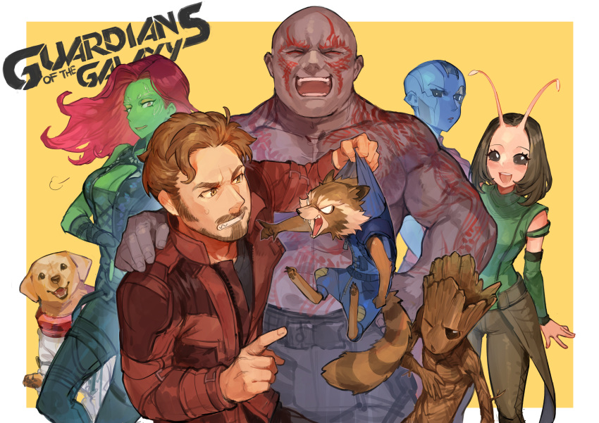 4boys, 4girls, absurdres, angry, animal_ears, astronaut, bald, barefoot