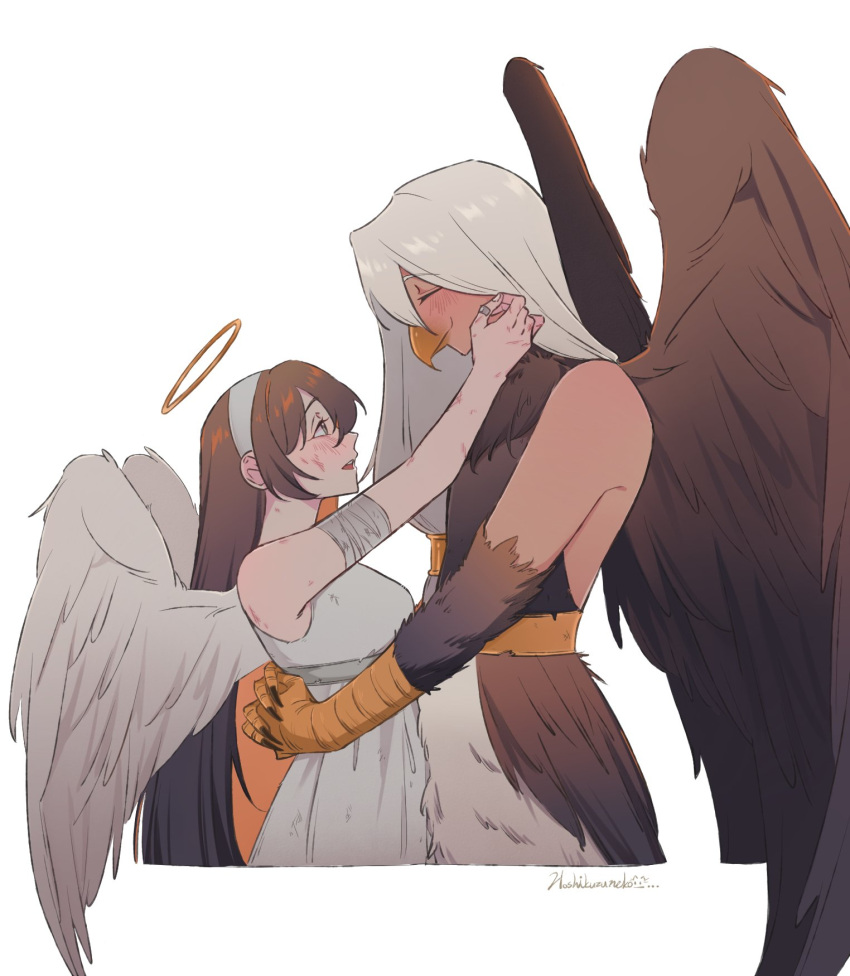 2girls, angel, angel_wings, beak, belt, bird, blush, brown_dress, brown_eyes, brown_hair, degrees_of_lewdity, dress, great_hawk_(degrees_of_lewdity), great_hawk_(female)_(degrees_of_lewdity), halo, harpy, hawk, highres, hoshikuzuneko, hug, looking_at_another, monster_girl, multicolored_clothes, multicolored_dress, multicolored_hair, multiple_girls, orange_hair, player_character_(degrees_of_lewdity), talons, tan, white_dress, white_hair, wings, yellow_belt, yuri