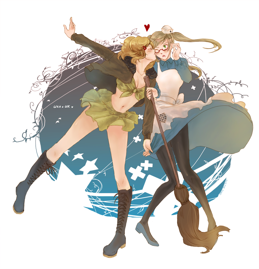 america_(hetalia), apron, axis_powers_hetalia, black, black_legwear, black_pantyhose, blonde_hair, blush
