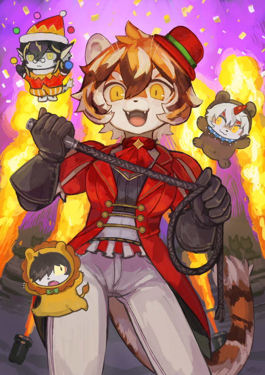 1girl, 3boys, :3, aak_(arknights), absurdres, animal_costume, animal_ears, arknights, ascot, bear_costume, black_gloves, closed_mouth, clown, coat, commentary, confetti, dido_(di_do_di_do), dragon_boy, dragon_ears, fang, fangs, fins, fish_tail, furry, furry_female, furry_male, gloves, hat, highres, holding, holding_whip, horns, hung_(arknights), juggling, komainu_boy, lee_(arknights), lion_costume, looking_at_viewer, multicolored_hair, multiple_boys, open_mouth, pants, red_ascot, red_coat, red_hat, ringmaster, round_eyewear, single_horn, tail, tiger_ears, tiger_girl, tiger_stripes, tiger_tail, waai_fu_(arknights), white_pants, yellow_eyes