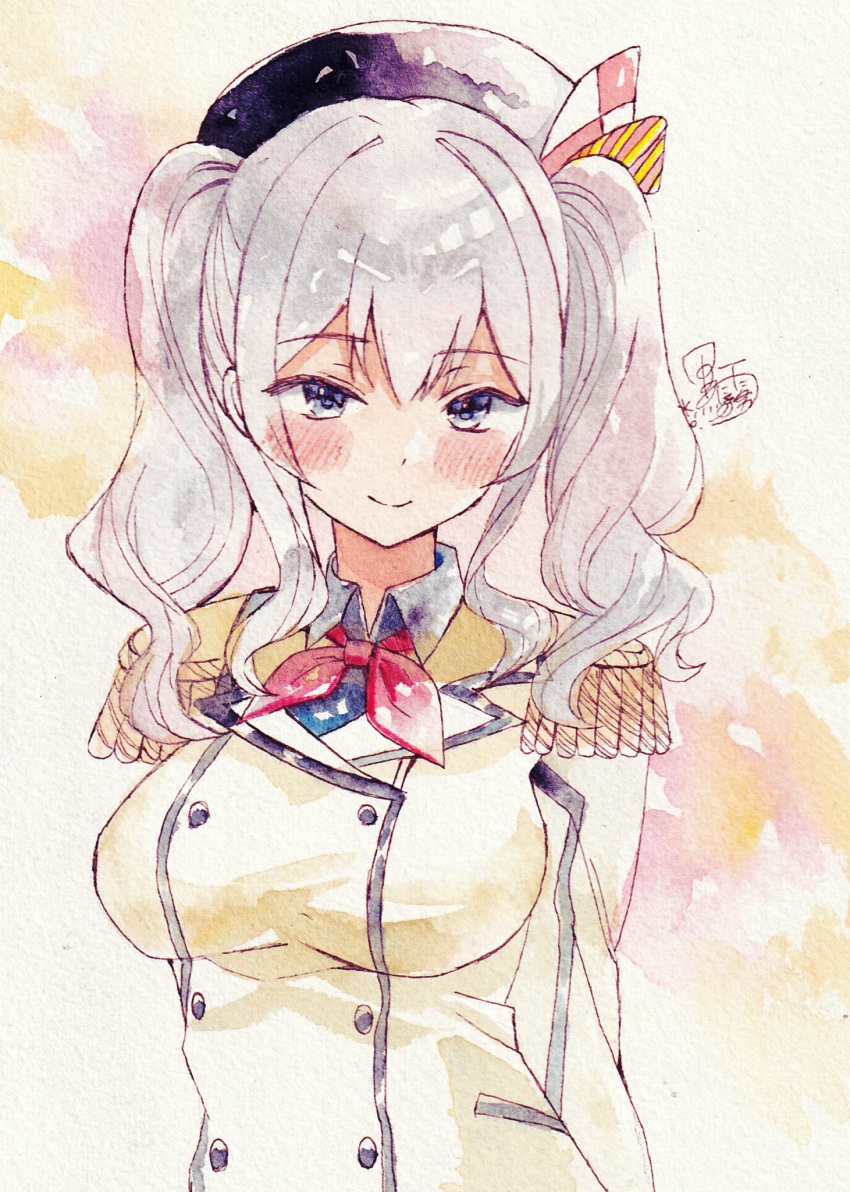 1girl, beret, blue_eyes, blush, breasts, buttons, collared_shirt, double-breasted