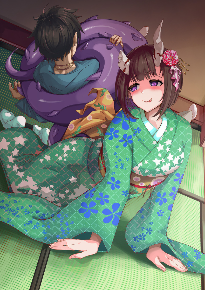 1boy, 1girl, alternate_costume, back_bow, bob_cut, bow, broken_horn, brown_hair, constriction, demon_girl, demon_horns, demon_tail, eriko_(princess_connect!), evil_smile, flower, green_kimono, hair_flower, hair_ornament, highres, horns, indoors, inverted_bob, japanese_clothes, kimono, kneeling, leaning_forward, licking_lips, looking_back, mononoke_(pixiv53597254), princess_connect!, print_kimono, purple_tail, red_flower, sash, short_hair, smile, spiked_tail, tail, tatami, tongue, tongue_out, violet_eyes, yellow_sash, yuuki_(princess_connect!)