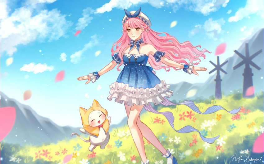 1girl, ^_^, animal, back_bow, bare_legs, bare_shoulders, beads, beret