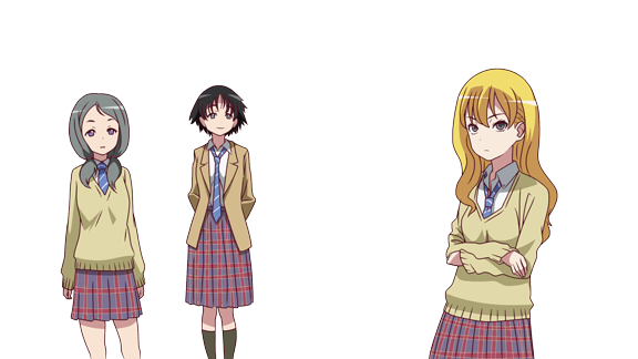 3girls, arms_behind_back, black_hair, black_socks, blonde_hair, blue_necktie, blurry, brown_eyes
