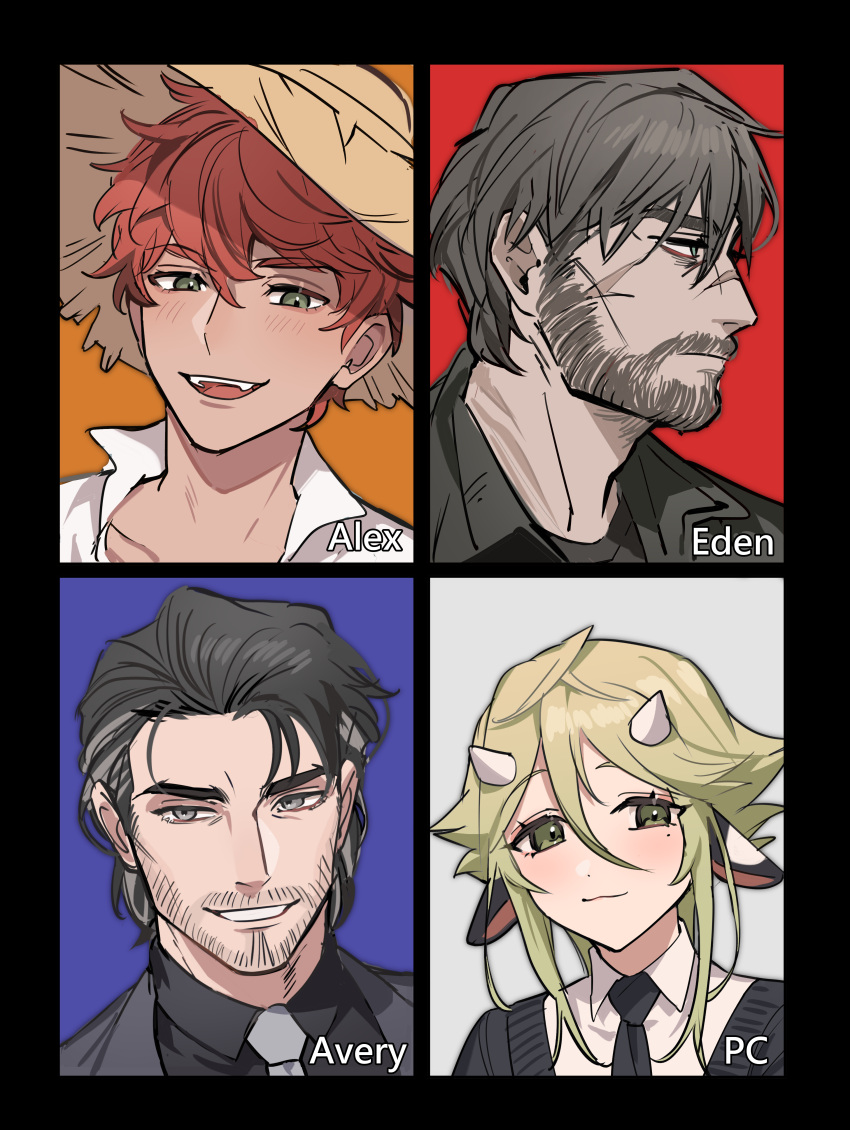 4boys, absurdres, alex_(degrees_of_lewdity), alex_(male)_(degrees_of_lewdity), androgynous, animal_ears, avery_(degrees_of_lewdity), avery_(male)_(degrees_of_lewdity), beard, black_background, black_hair, blonde_hair, blue_background, brown_eyes, brown_hair, cow_boy, cow_ears, cow_horns, degrees_of_lewdity, eden_(degrees_of_lewdity), eden_(male)_(degrees_of_lewdity), facial_hair, grey_background, grey_eyes, highres, horns, ming_(5unri5e666), mole, mole_under_eye, multiple_boys, orange_background, player_character_(degrees_of_lewdity), red_background, redhead, short_hair, simple_background, tan