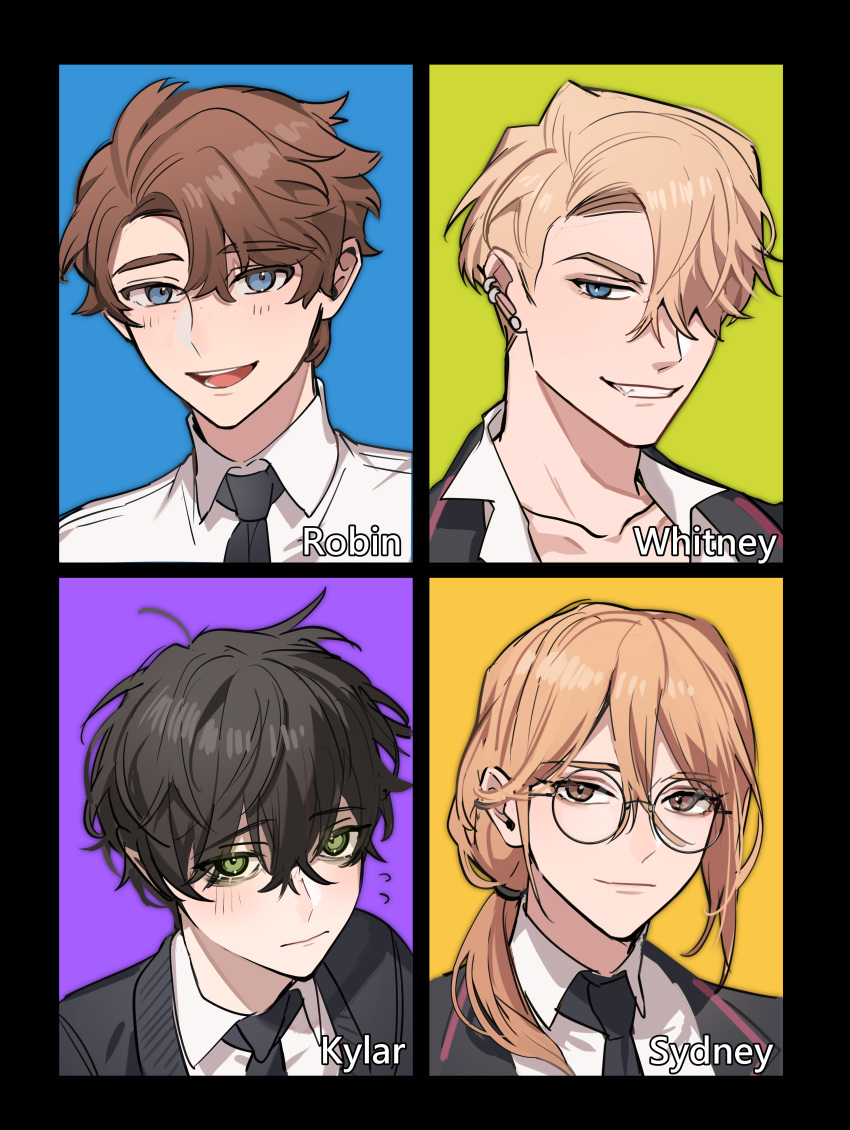 4boys, absurdres, black_background, black_hair, black_jacket, black_necktie, blonde_hair, blue_background