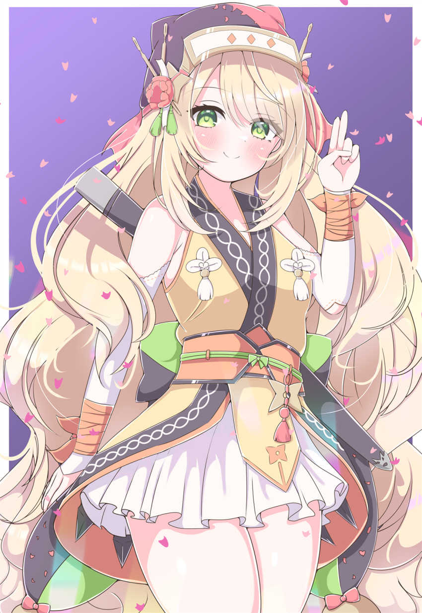 1girl, ainu_clothes, asage_(asgsn), bare_shoulders, blonde_hair, blush, border, celine_(fire_emblem)