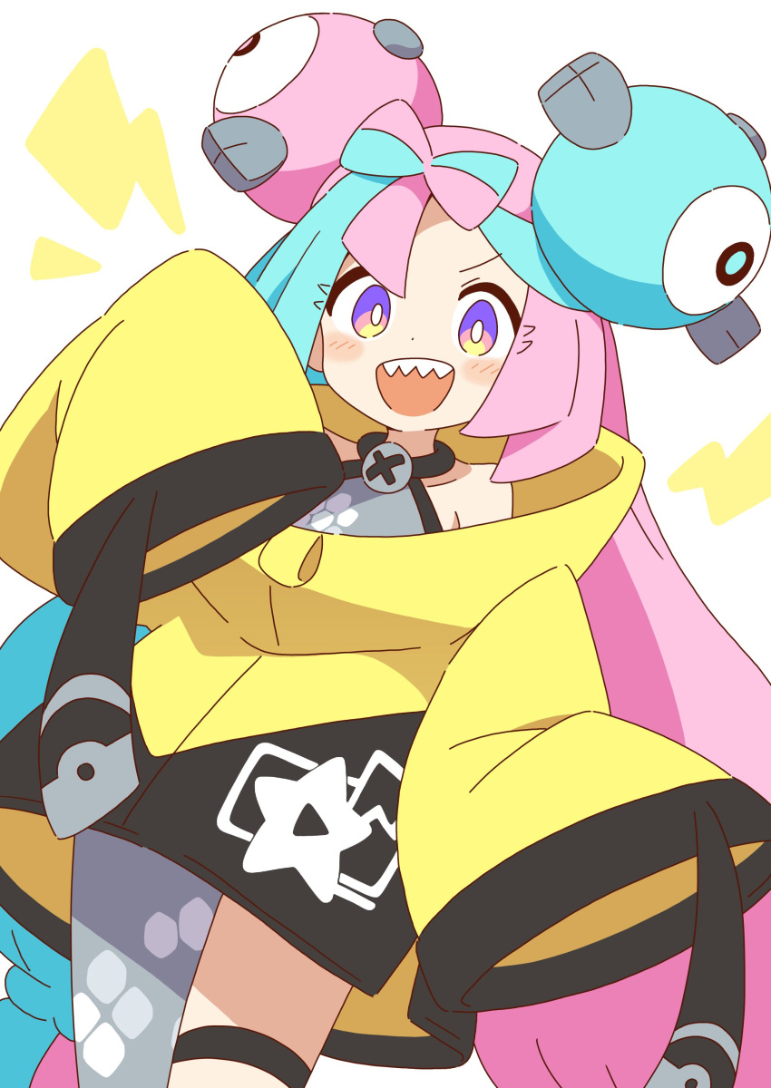 1girl, :d, absurdres, bare_shoulders, blue_hair, blush, bow-shaped_hair, character_hair_ornament