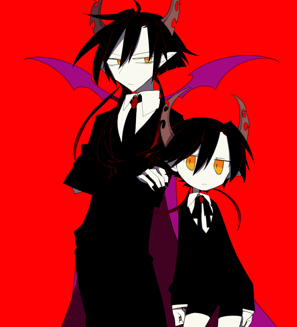 2boys, aged_down, aged_up, black_suit, demon_boy, demon_horns, demon_wings, formal_clothes, funamusea, higa423, horns, licorice_(funamusea), looking_at_viewer, multiple_boys, orange_eyes, red_background, suit, wings