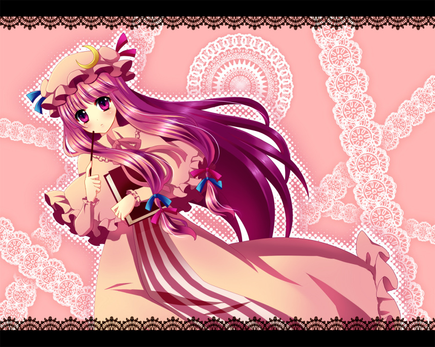 blush, book, crescent, hair_ribbon, hat, long_hair, moko_ko, patchouli_knowledge