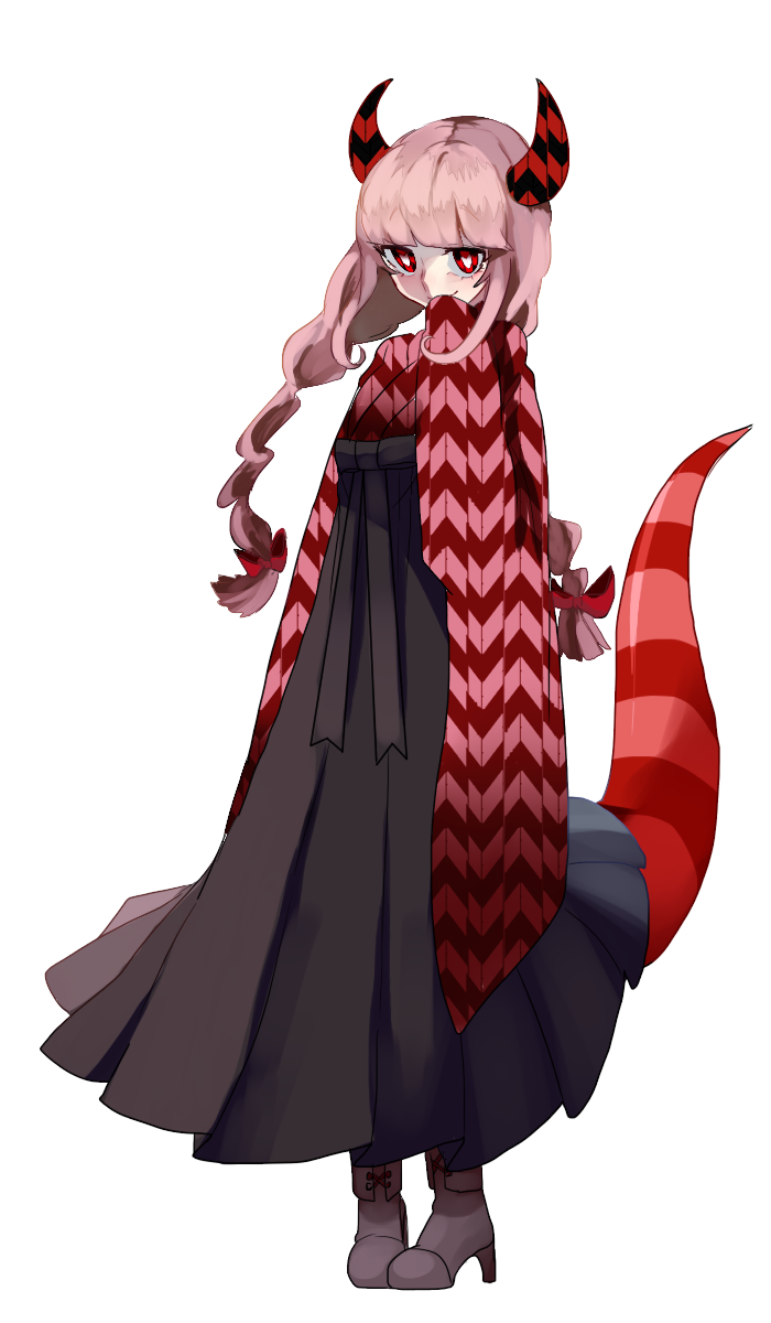 1girl, black_hakama, blush, braid, demon_girl, demon_horns, demon_tail, funamusea, hakama, hakama_skirt, heart, heart-shaped_pupils, highres, horns, japanese_clothes, laurentia_(funamusea), lenju, pink_hair, red_eyes, skirt, sleeves_past_wrists, solo, symbol-shaped_pupils, tail, twin_braids