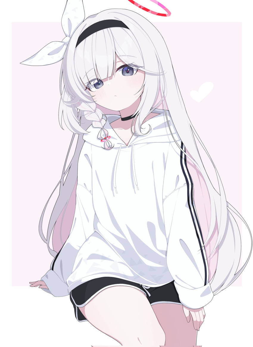 1girl, black_choker, black_hairband, black_shorts, blue_archive, border, bow, braid