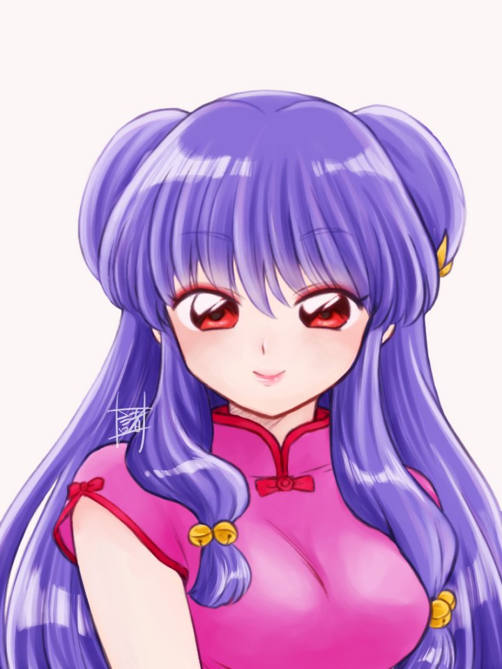 1girl, bow, chinese_clothes, dress, hair_bow, long_hair, moroi_(moroiohs), pink_dress, purple_hair, ranma_1/2, red_eyes, shampoo_(ranma_1/2), sidelocks, signature, simple_background, sleeveless, sleeveless_dress, smile, white_background, yellow_bow