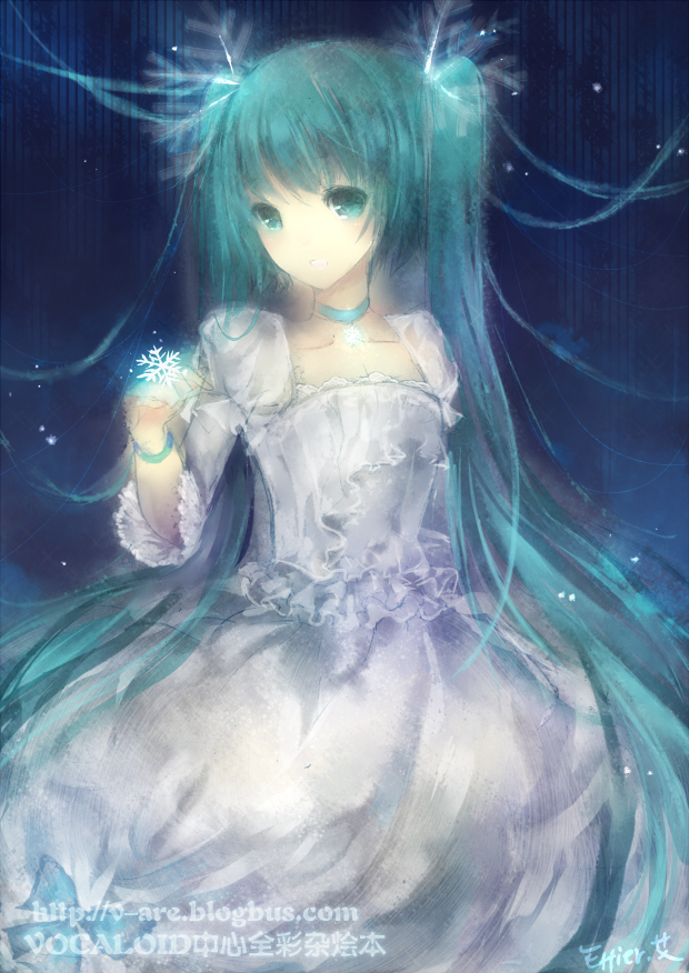 aqua_eyes, aqua_hair, dress, effier_kyo, hatsune_miku, long_hair, solo, twintails, very_long_hair, vocaloid, white_dress
