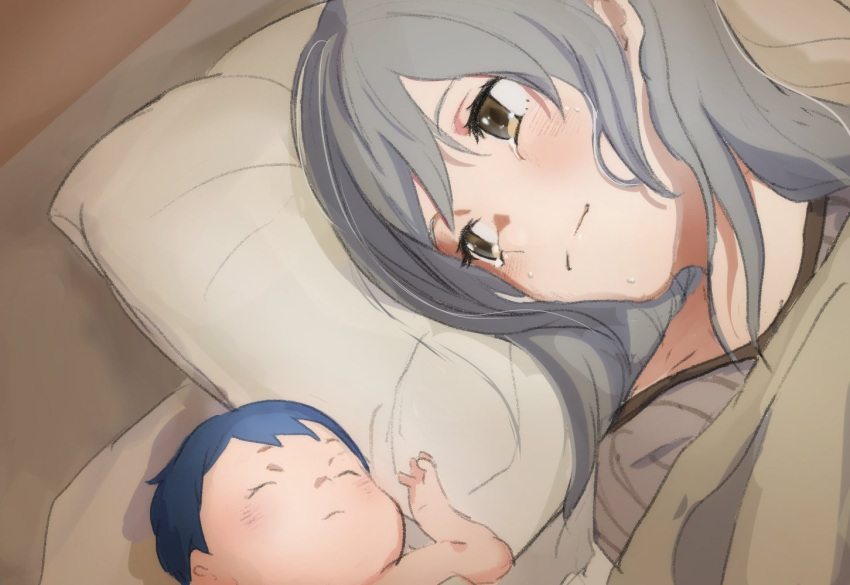 2girls, after_birth, aged_down, ayanodesuu, baby, blue_hair, brown_eyes, commentary, english_commentary, fire_emblem, fire_emblem_awakening, from_above, grey_hair, grey_shirt, hair_down, looking_at_another, looking_to_the_side, lucina_(fire_emblem), lying, medium_hair, mother_and_daughter, multiple_girls, on_back, pillow, robin_(female)_(fire_emblem), robin_(fire_emblem), shirt, short_hair, under_covers