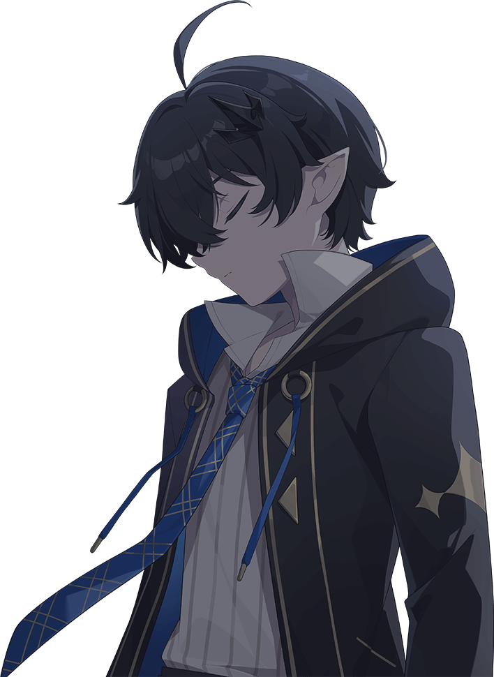 1boy, ahoge, black_hair, blue_necktie, closed_eyes, collared_shirt, grin, hair_intakes, hair_ornament, hood, hooded_jacket, jacket, long_sleeves, male_focus, male_tyrant_(stella_sora), necktie, official_art, open_clothes, open_jacket, pinstripe_pattern, pinstripe_shirt, plaid_clothes, plaid_necktie, pointy_ears, popped_collar, profile, second-party_source, shirt, short_hair, simple_background, smile, solo, stella_sora, transparent_background, tyrant_(stella_sora), white_shirt