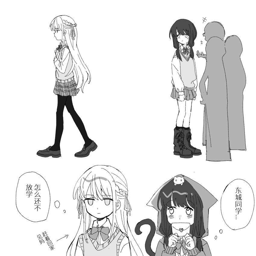 2girls, absurdres, animal_on_head, asakura_karen_(heaven_burns_red), black_hair, blonde_hair, bow, braid