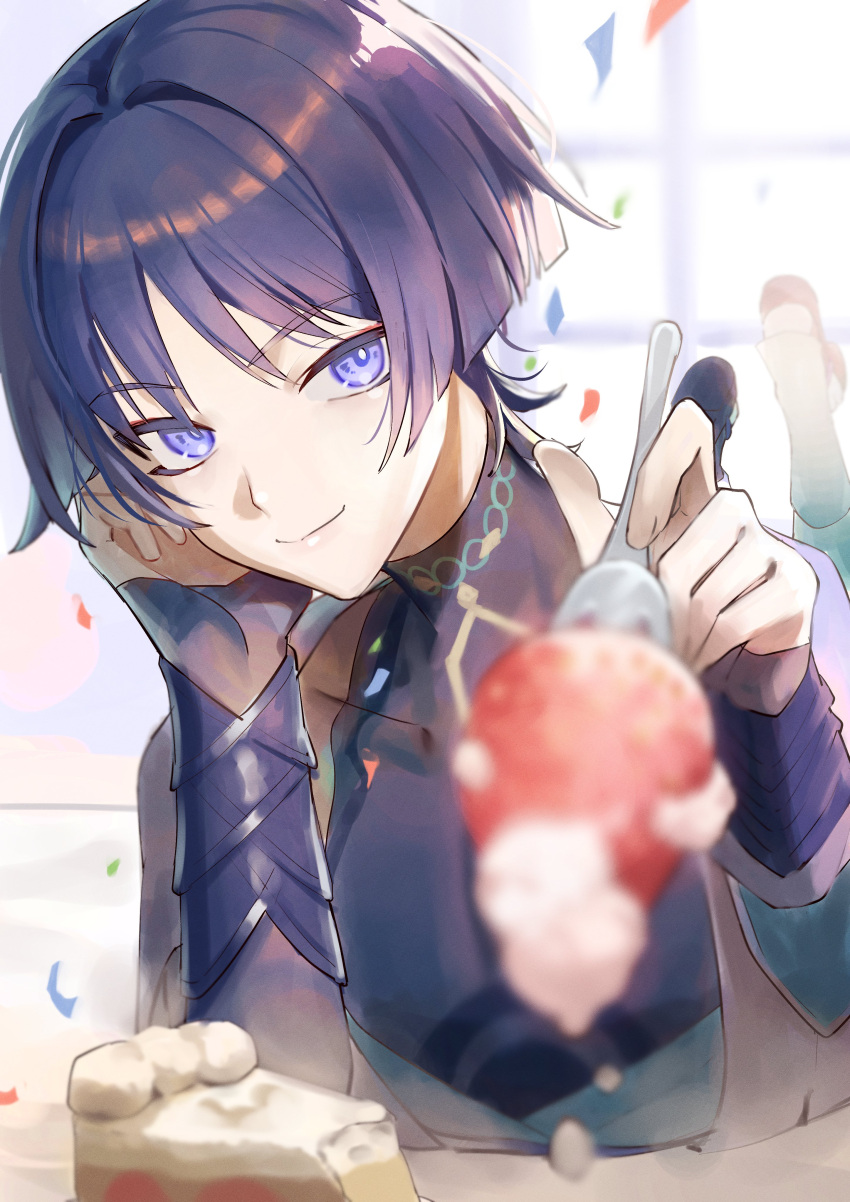absurdres, bishounen, black_bodysuit, blurry, blurry_background, blurry_foreground, bodysuit, cake, closed_mouth, confetti, depth_of_field, fingerless_gloves, food, fork, fruit, fuli_(narumiyafuri), genshin_impact, gloves, hair_between_eyes, highres, holding, incoming_food, looking_at_viewer, male_focus, purple_hair, scaramouche_(genshin_impact), short_hair, smile, strawberry, upper_body, violet_eyes, wanderer_(genshin_impact)
