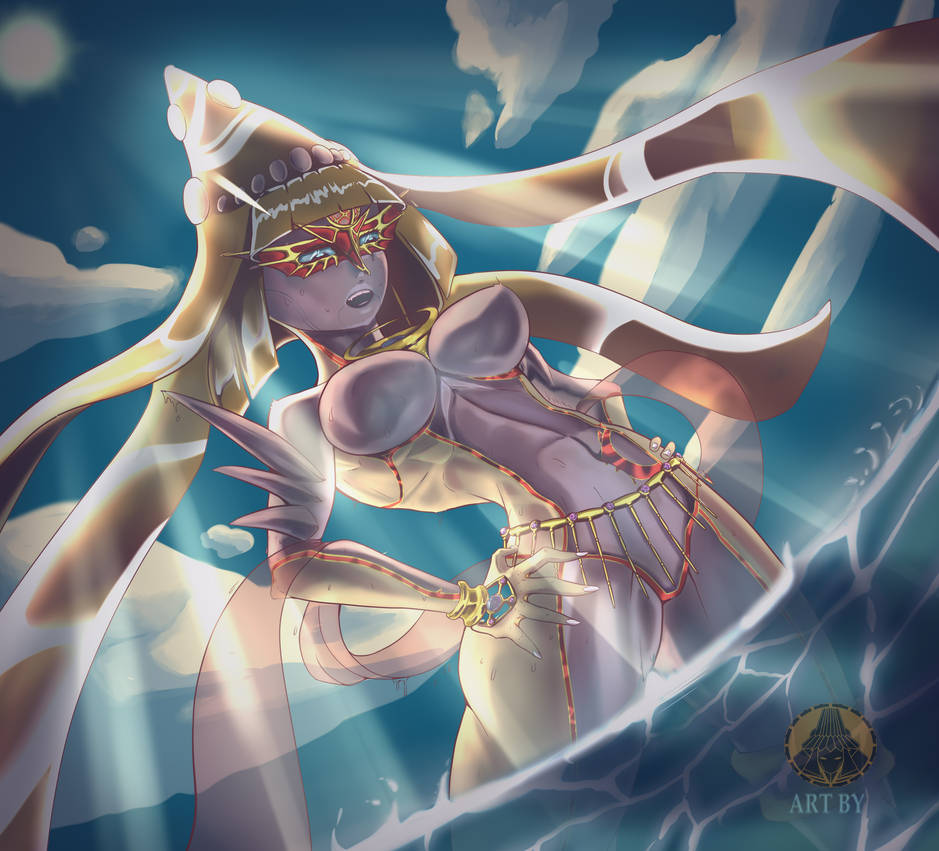 1girl, absurdly_long_hair, bayonetta_(series), blonde_hair, blue_eyes, breasts, divine_being, giant