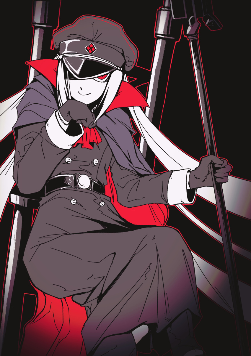 1girl, absurdres, akatsuki_blitzkampf, ascot, belt, black_background, black_belt, black_coat