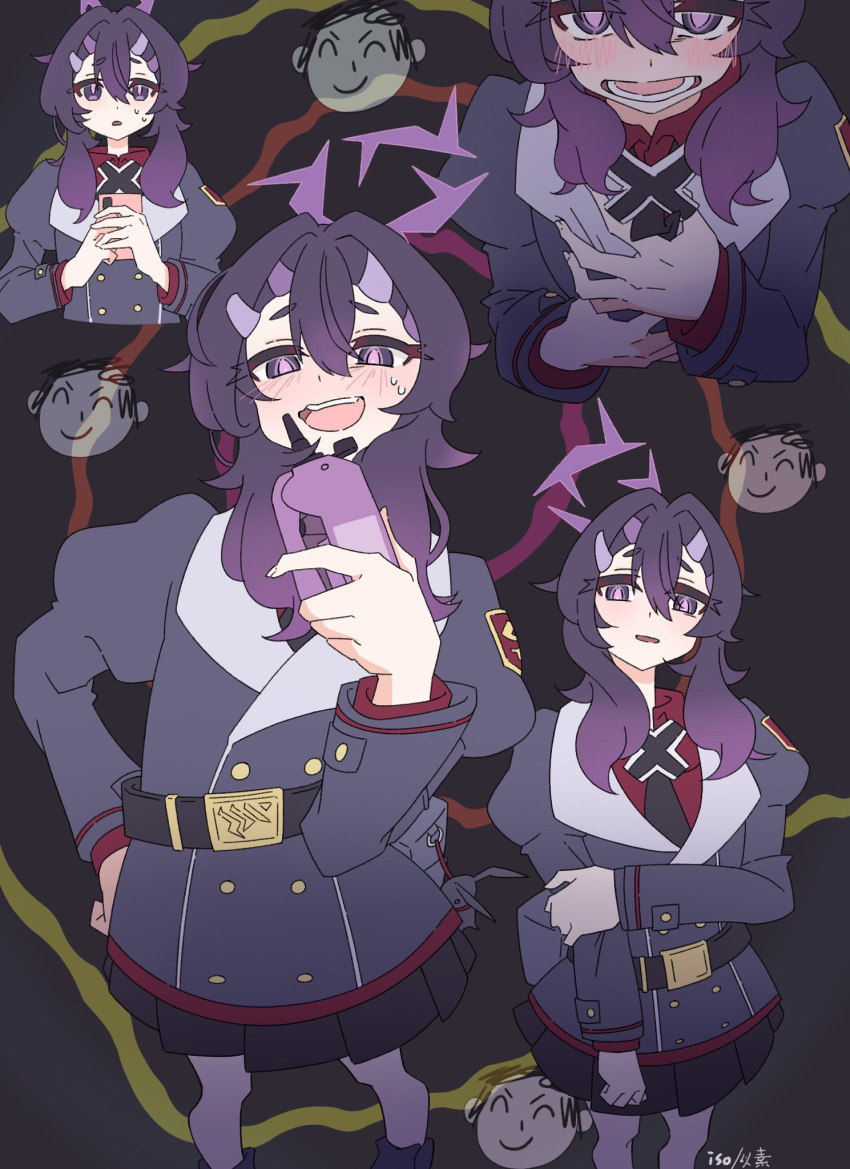 belt, black_necktie, black_skirt, blush, doodle_sensei_(blue_archive), halo, hand_on_own_hip, hands_on_own_chest, haruka_(blue_archive), highres, holding, holding_own_arm, holding_phone, iso_999, looking_at_viewer, military_uniform, monitoring_(vocaloid), multicolored_hair, multiple_hair_clips, multiple_views, necktie, phone, purple_hair, red_shirt, sensei_(blue_archive), shirt, skirt, spiral_background, streaked_hair, sweatdrop, tareme, thick_eyelashes, wavy_mouth