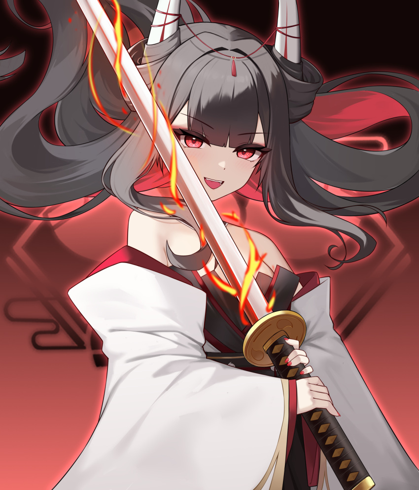 1girl, absurdres, azur_lane, bare_shoulders, black_hair, colored_inner_hair, commentary_request, flaming_sword