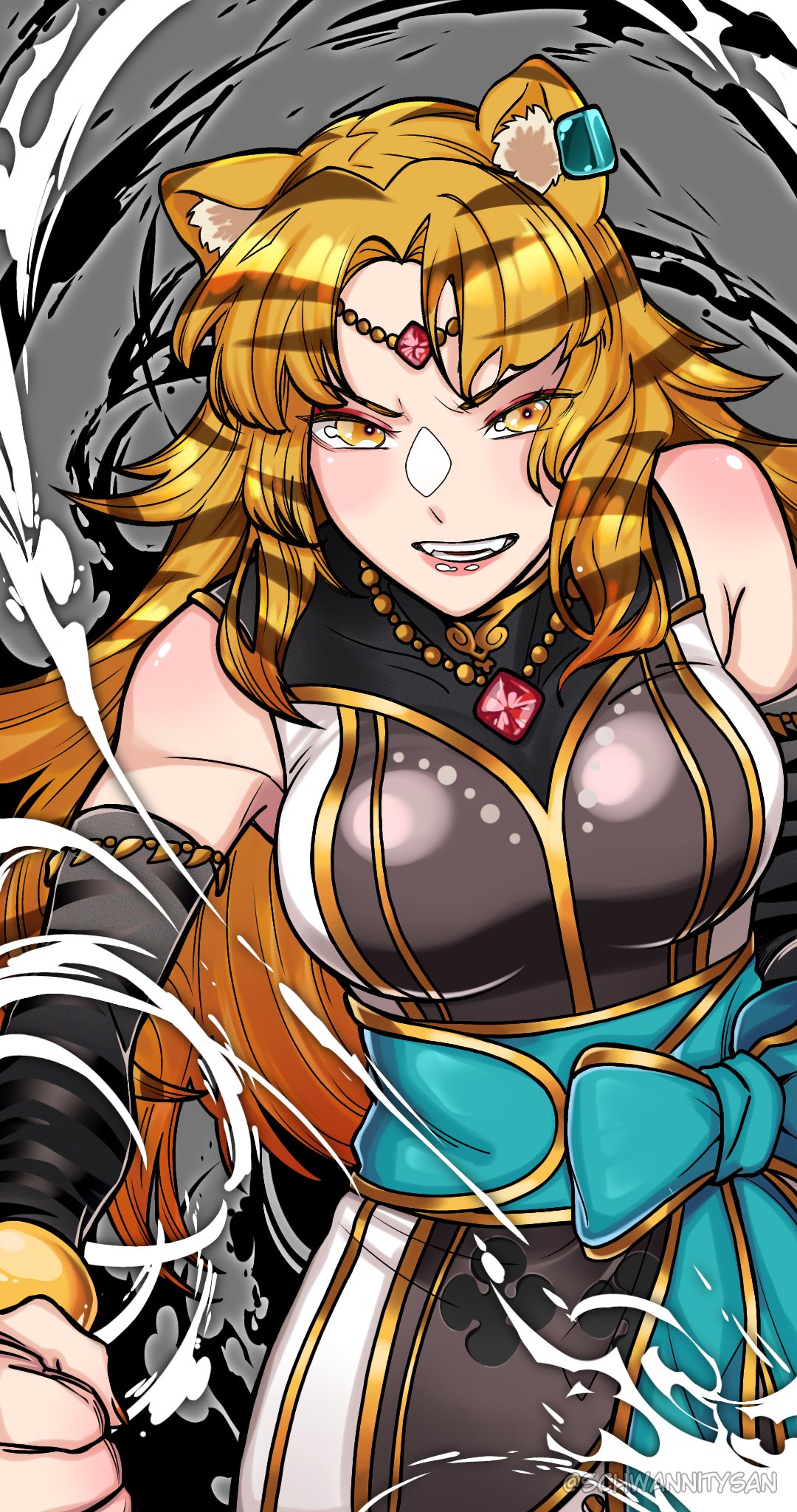1girl, animal_ear_fluff, animal_ears, animal_print, artist_name, black_jacket, blue_sash, breasts