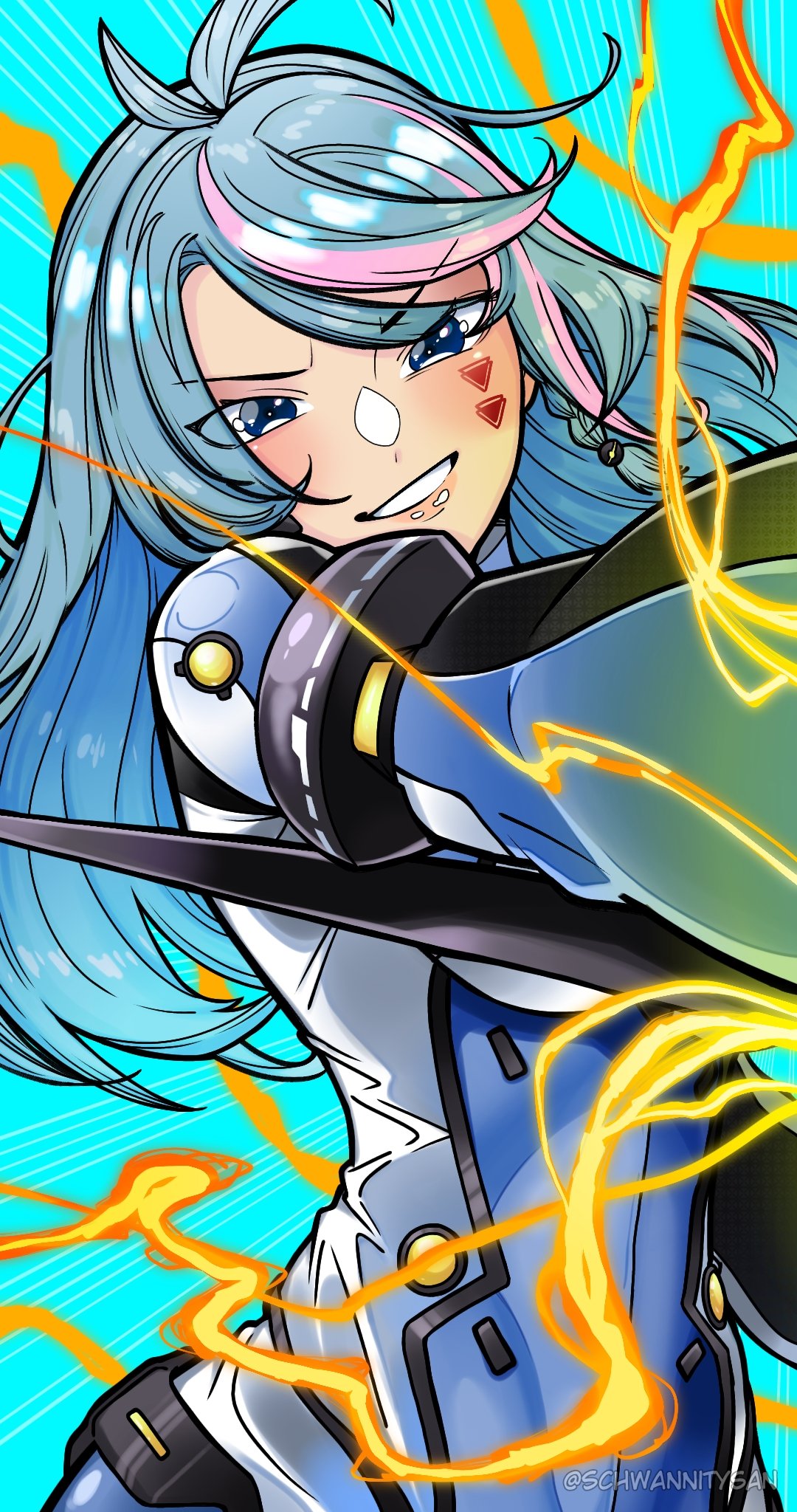 1girl, artist_name, azura_cecillia, blue_background, blue_bodysuit, blue_eyes, blue_hair, blush