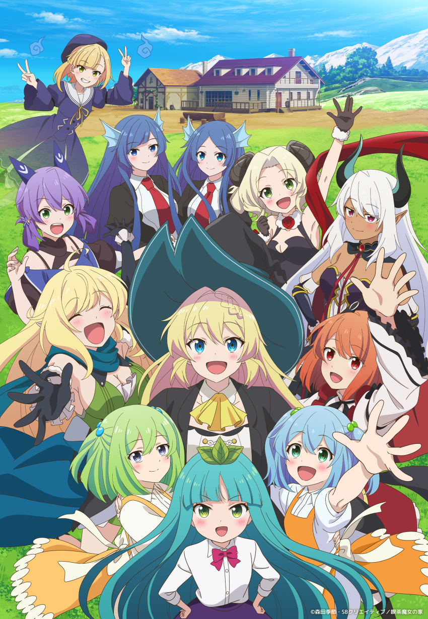 6+girls, absurdres, aizawa_azusa, apron, aqua_hair, beelzebub_(slime_taoshite_300_nen), blonde_hair, blue_eyes