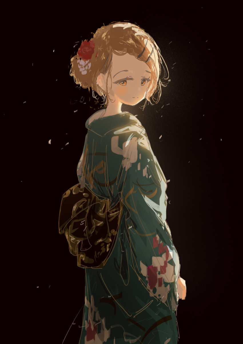 1girl, arisu_syndrome, bare_back, black_background, black_sash, blonde_hair, blue_kimono, cherry_blossoms